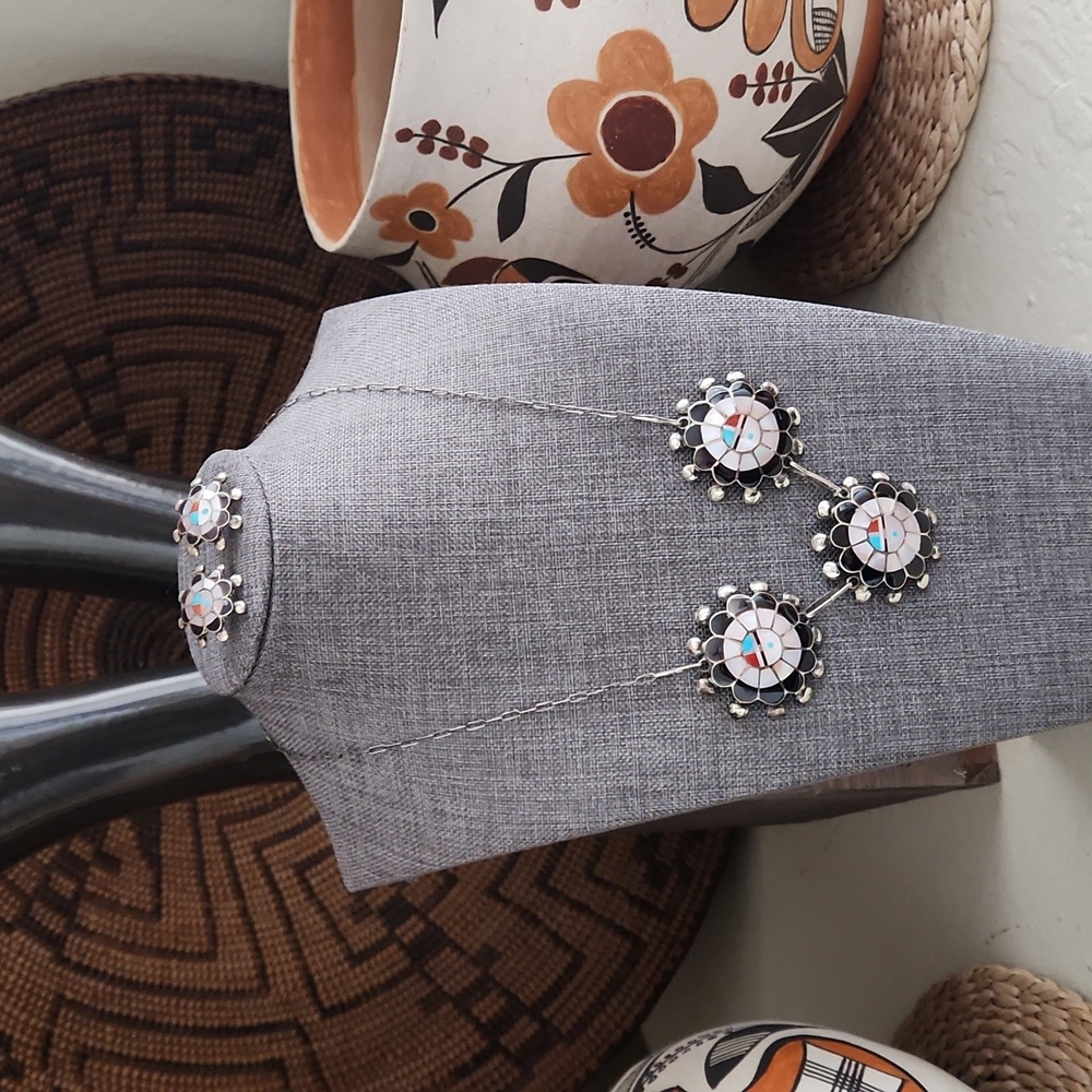 Native American Zuni Vintage Sunface Inlaid Necklace & Earrings Set 💙☀️🖤